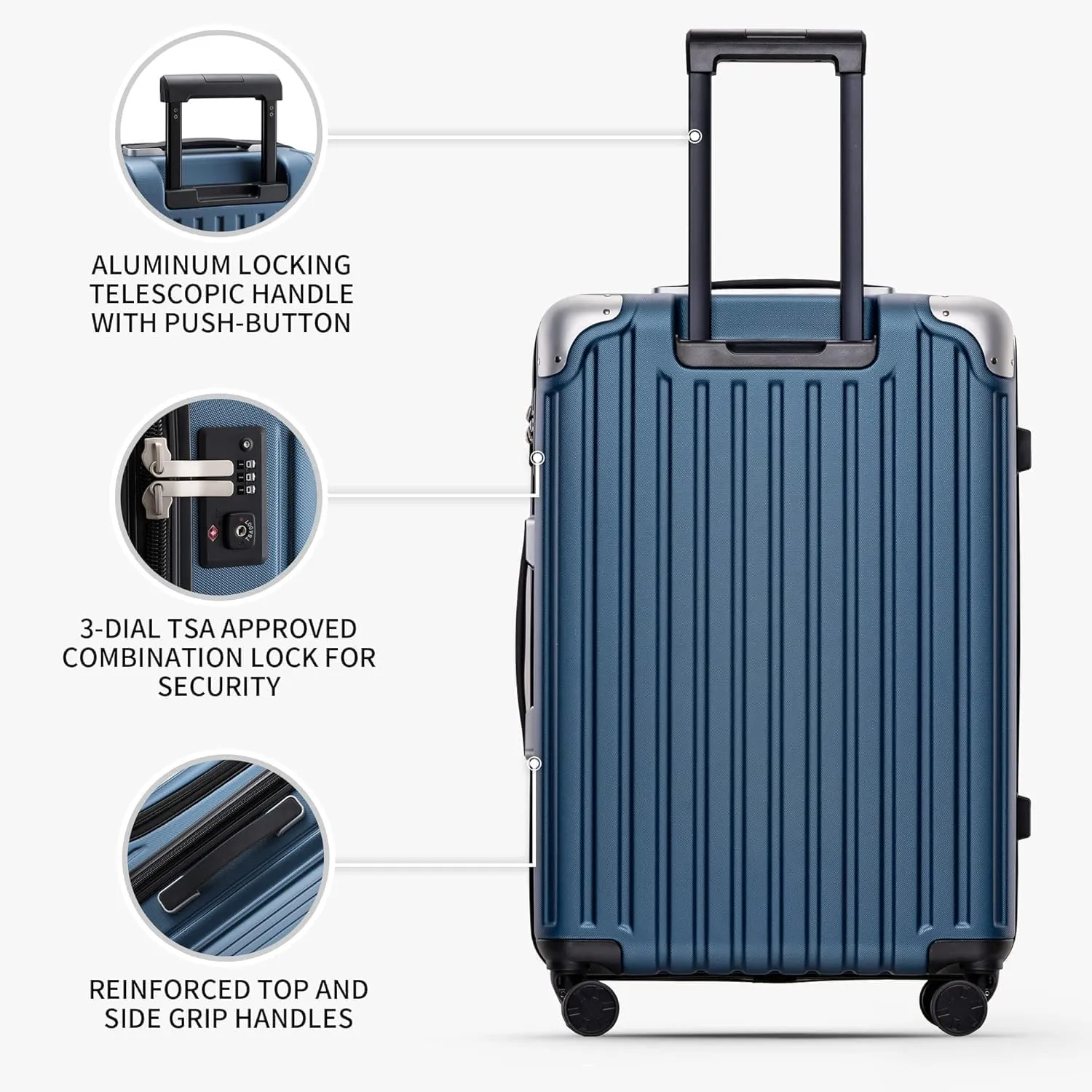 LEVEL8 Grace Luggage, 28 Inch Hardside Suitcase, Abs Pc Harshell Spinner Luggage with Tsa Lock, Spinner Wheels, Blue, 28 Inch