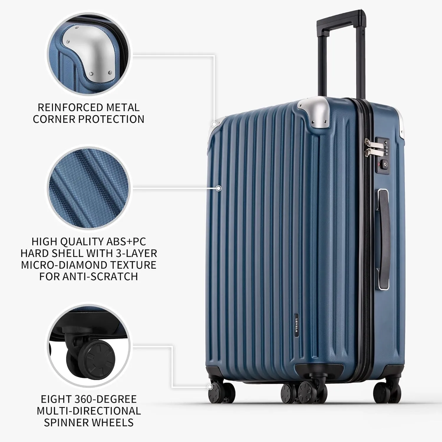 LEVEL8 Grace Luggage, 28 Inch Hardside Suitcase, Abs Pc Harshell Spinner Luggage with Tsa Lock, Spinner Wheels, Blue, 28 Inch