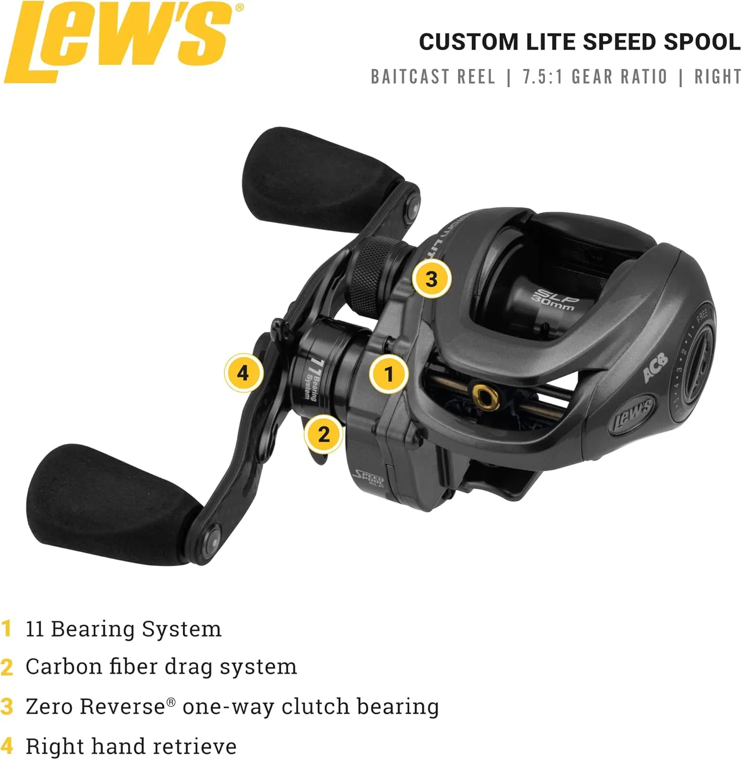 Lew’s Custom Lite SS Baitcast Fishing Reel, 10 1 Double Shielded Bearings, 7.5:1 Gear Ratio, Super Shallow 30 mm Spool, Tanso Tech Frame, Carbon Fiber Drag, Carbon Gray