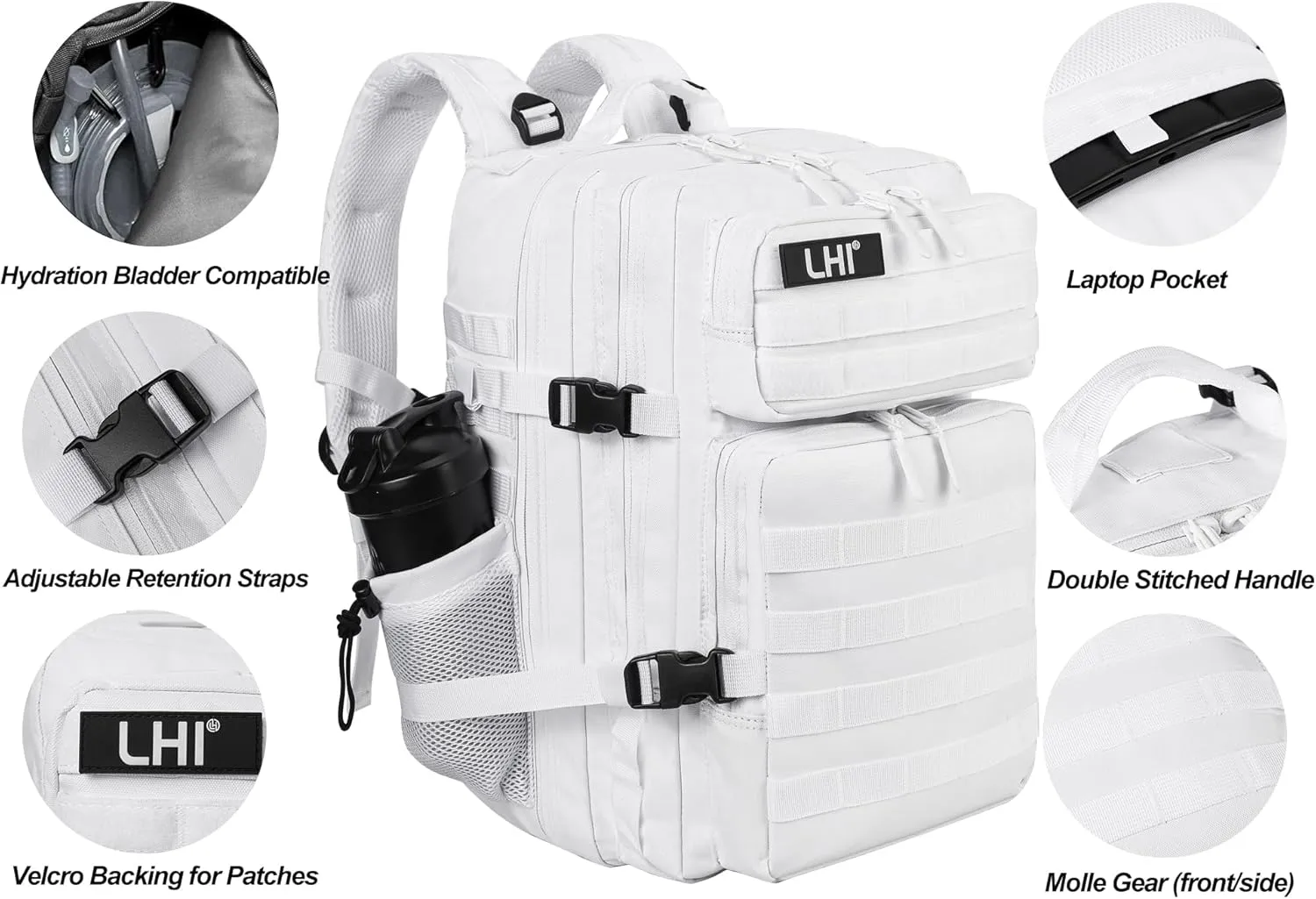 LHI Military Tactical Backpack for Men and Women 45L Army 3 Days Assault Pack Bag Large Rucksack with Molle System - White
