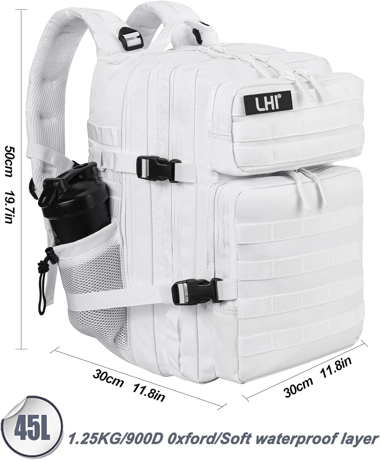 LHI Military Tactical Backpack for Men and Women 45L Army 3 Days Assault Pack Bag Large Rucksack with Molle System - White