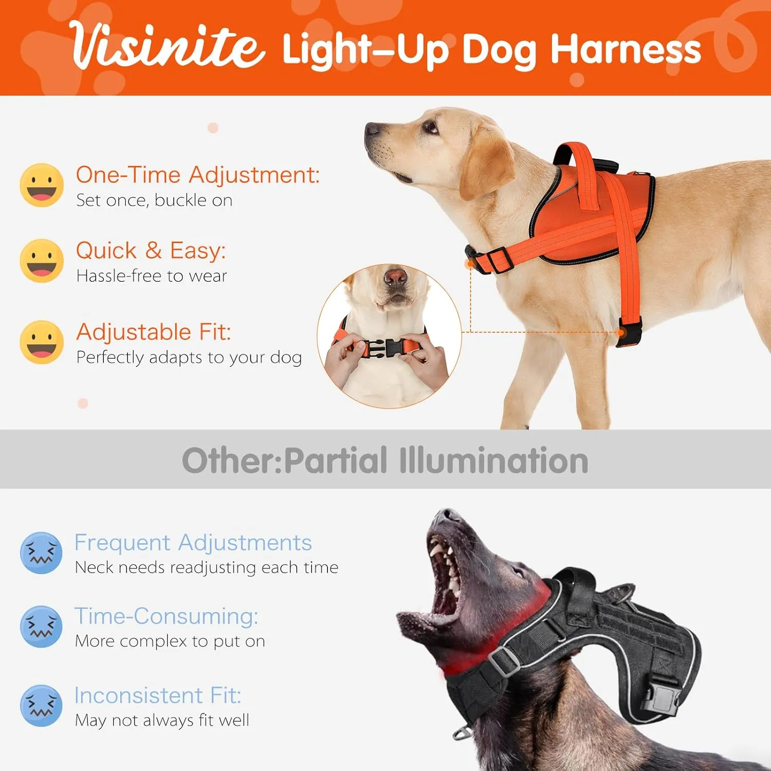 Light Up Dog Harness, No-Pull Led Dog Harness Rechargeable, Reflective Glow in The Dark Dog Vest Harness, Adjustable & Comfort Padded Lighted Dog Harness for Safety Night Walking (Orange, L)