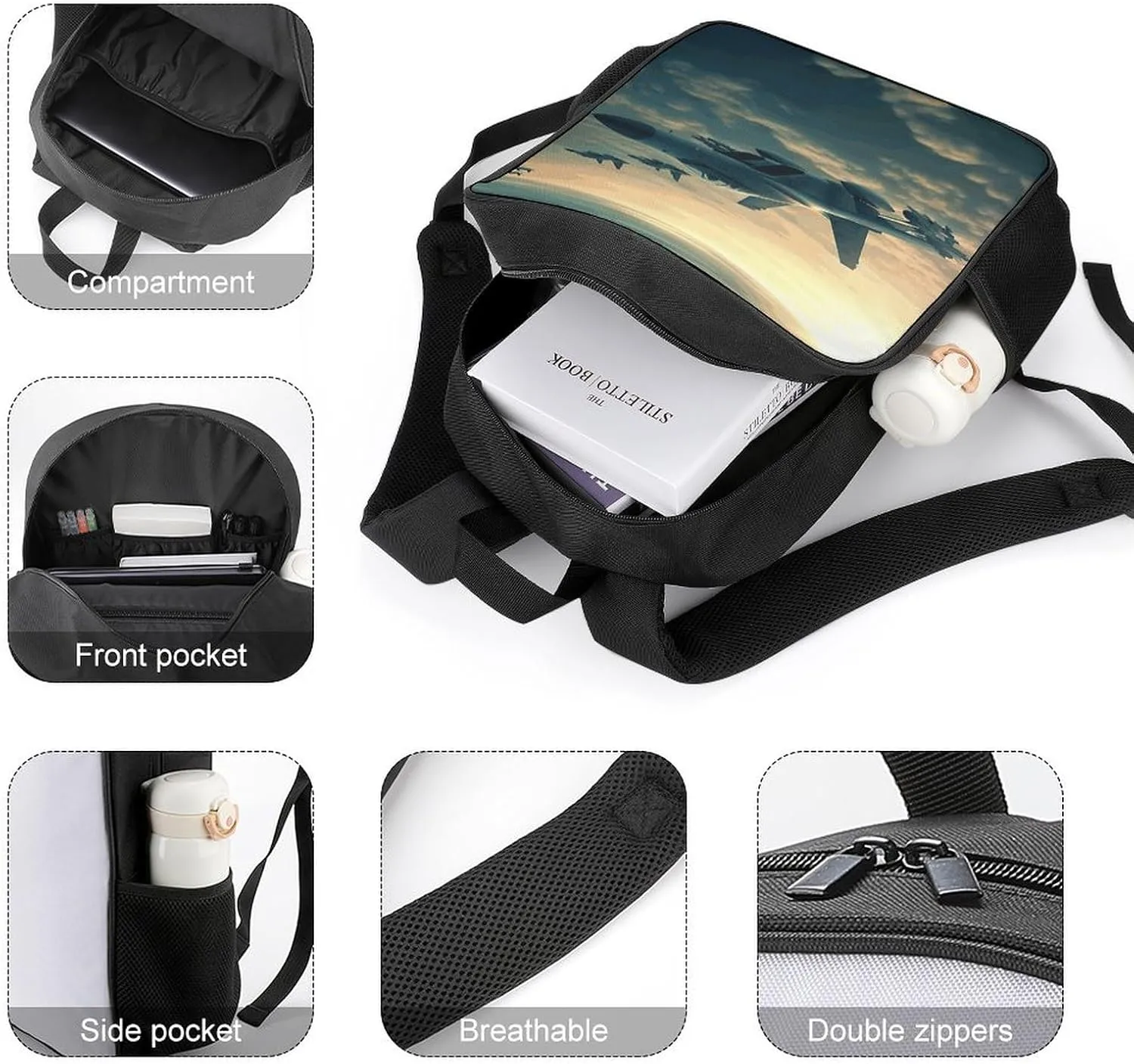 Lightweight Backpacks Cute Travel Bag Durable Aircraft Fighter Jets Printing Small Travel Backpack For Women & Men