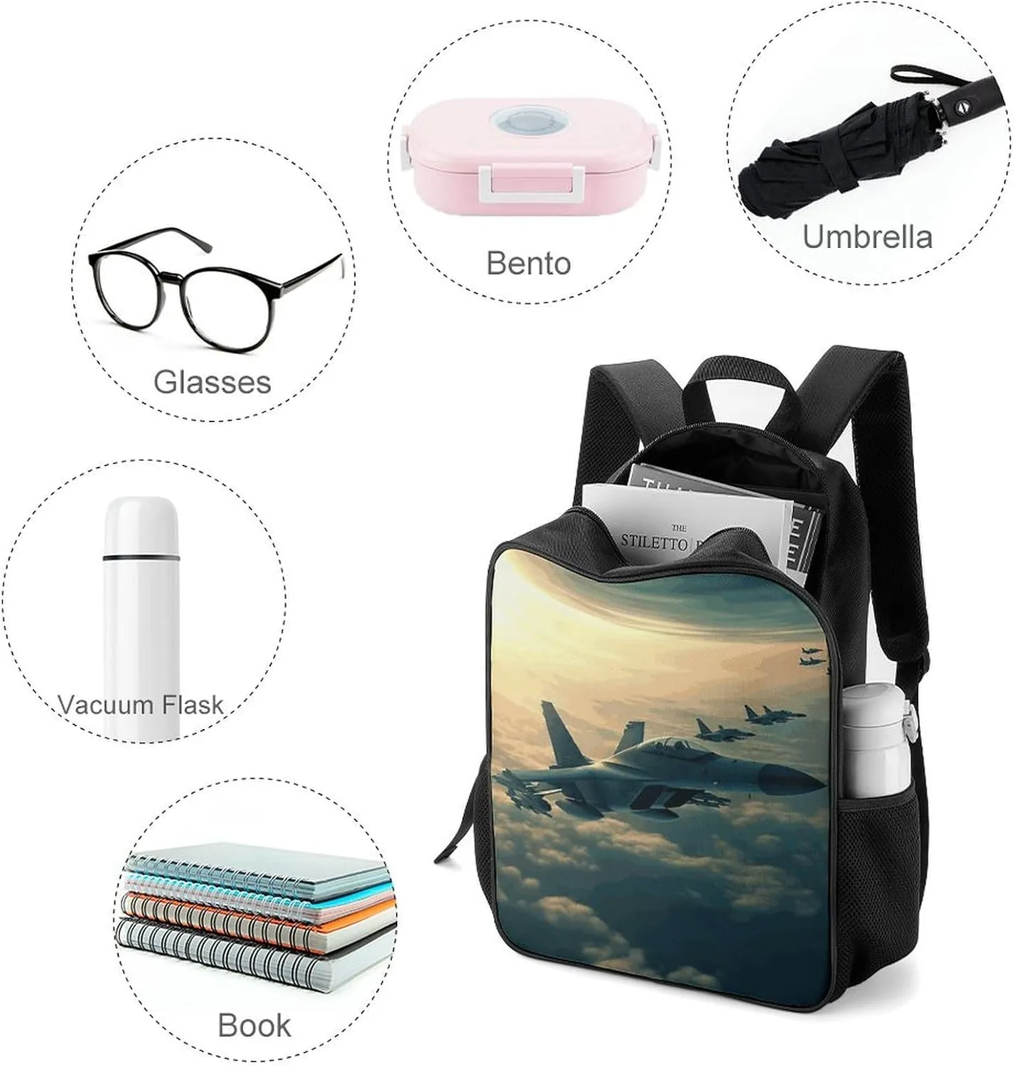 Lightweight Backpacks Cute Travel Bag Durable Aircraft Fighter Jets Printing Small Travel Backpack For Women & Men
