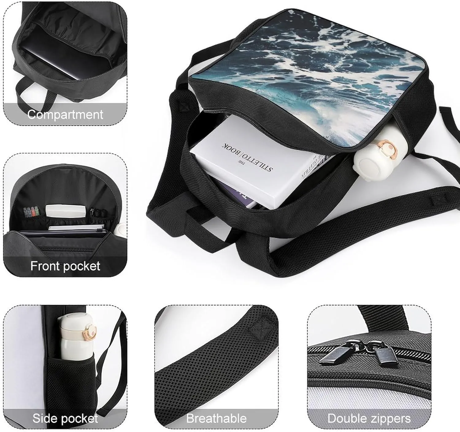 Lightweight Backpacks Cute Travel Bag Durable Beach Foam Wave Printing Small Travel Backpack For Women & Men