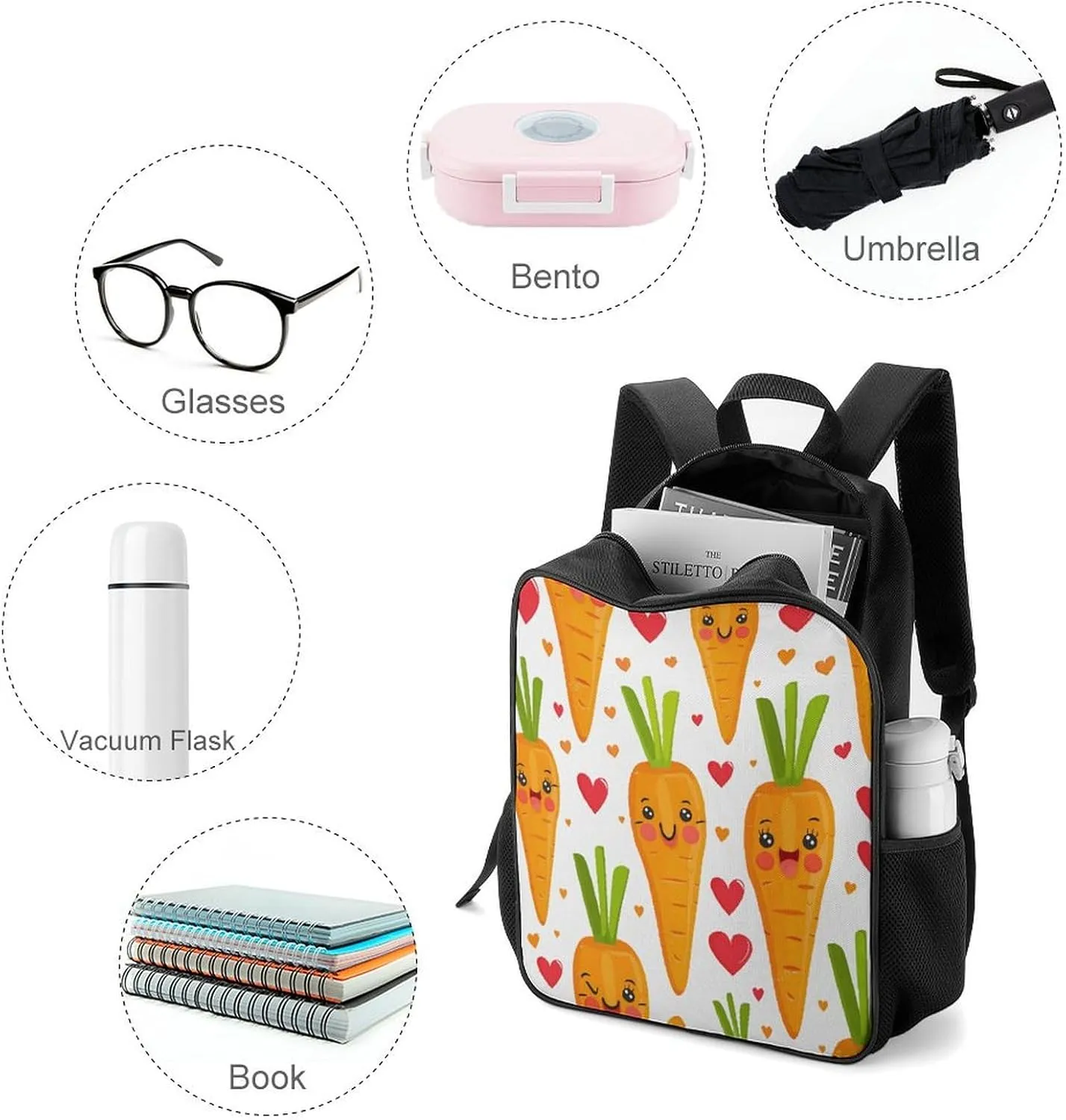 Lightweight Backpacks Cute Travel Bag Durable Carrot in Cartoon Style Printing Small Travel Backpack For Women & Men