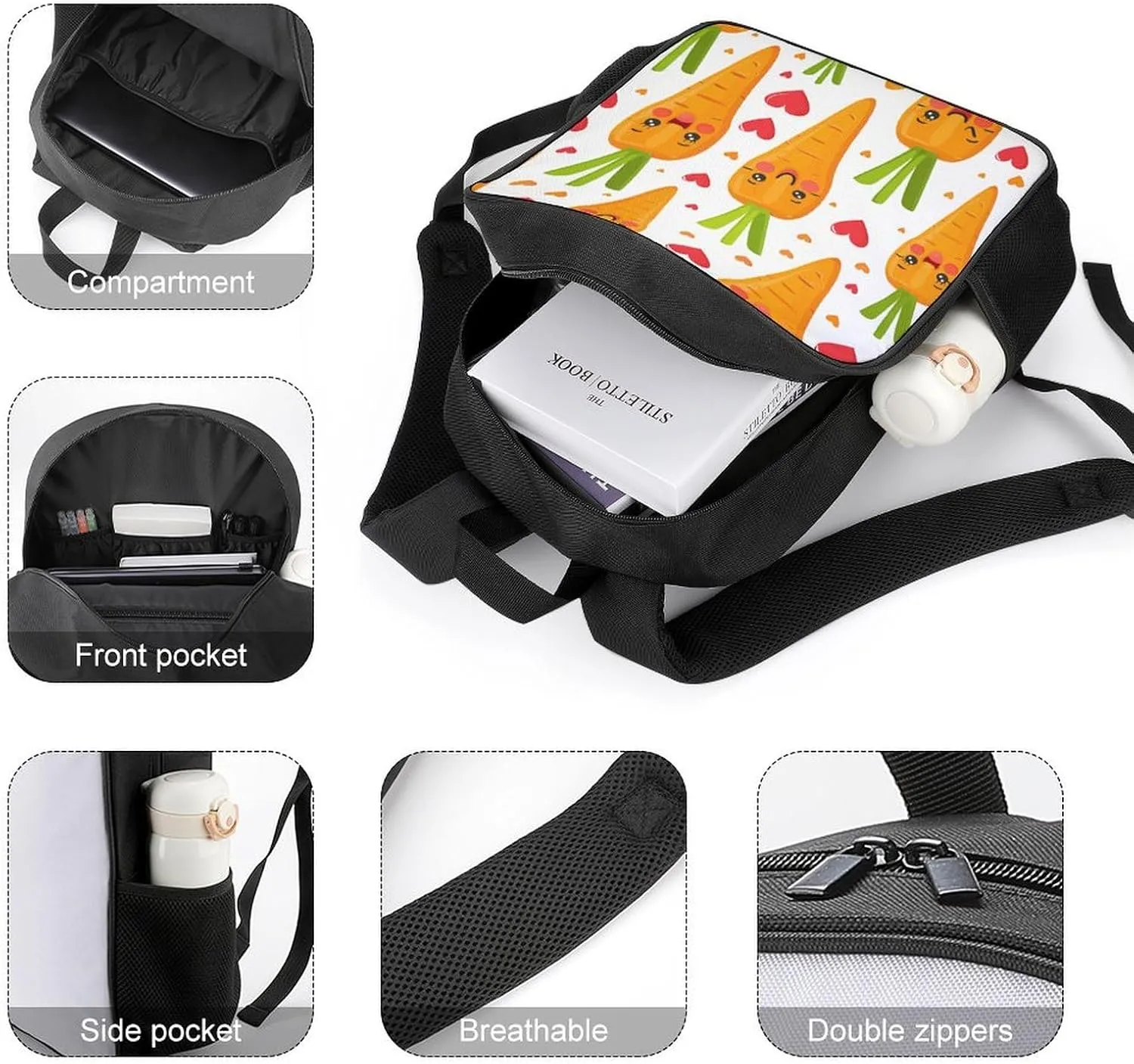 Lightweight Backpacks Cute Travel Bag Durable Carrot in Cartoon Style Printing Small Travel Backpack For Women & Men