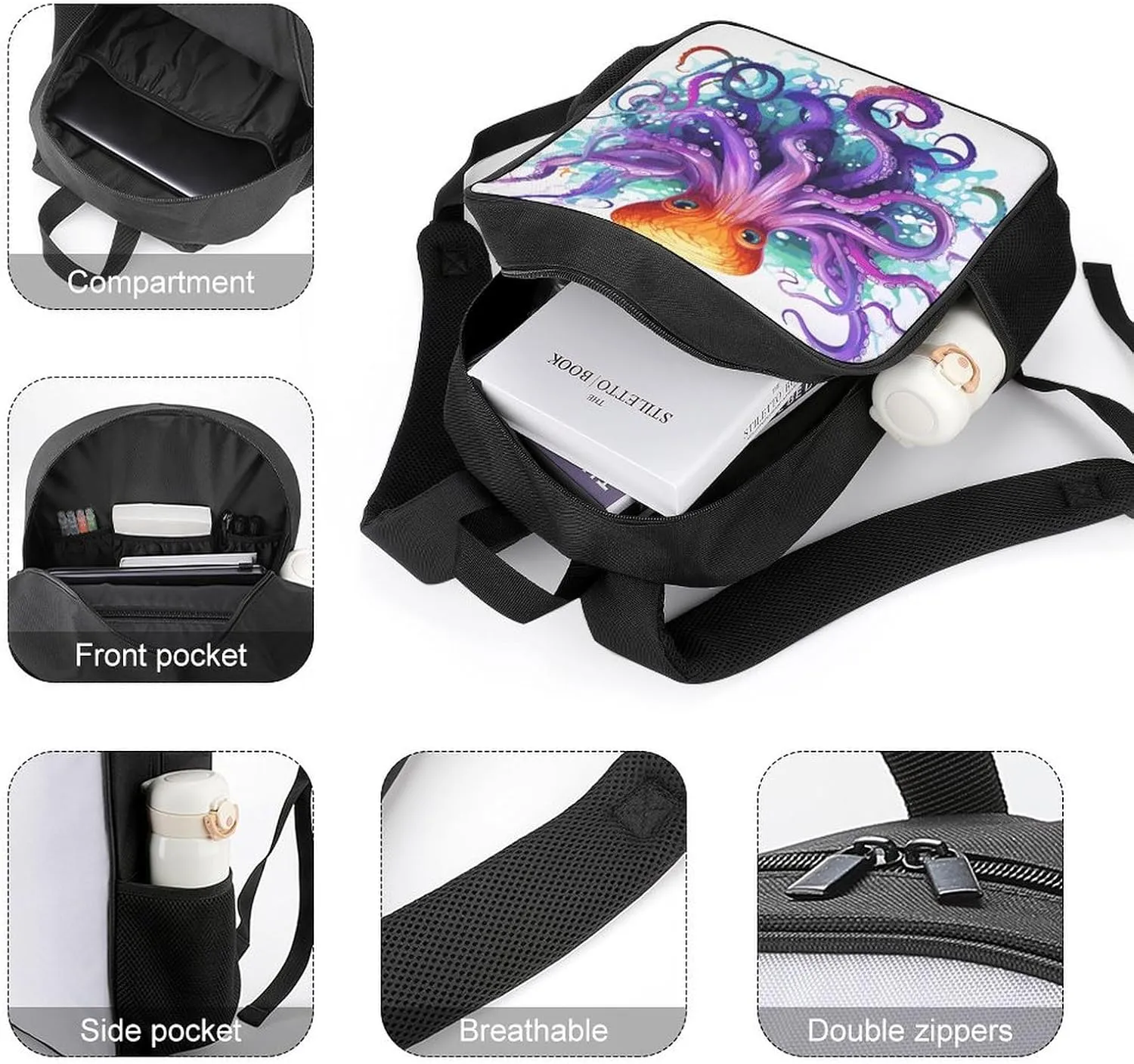 Lightweight Backpacks Cute Travel Bag Durable Colorful Octopus Printing Small Travel Backpack For Women & Men