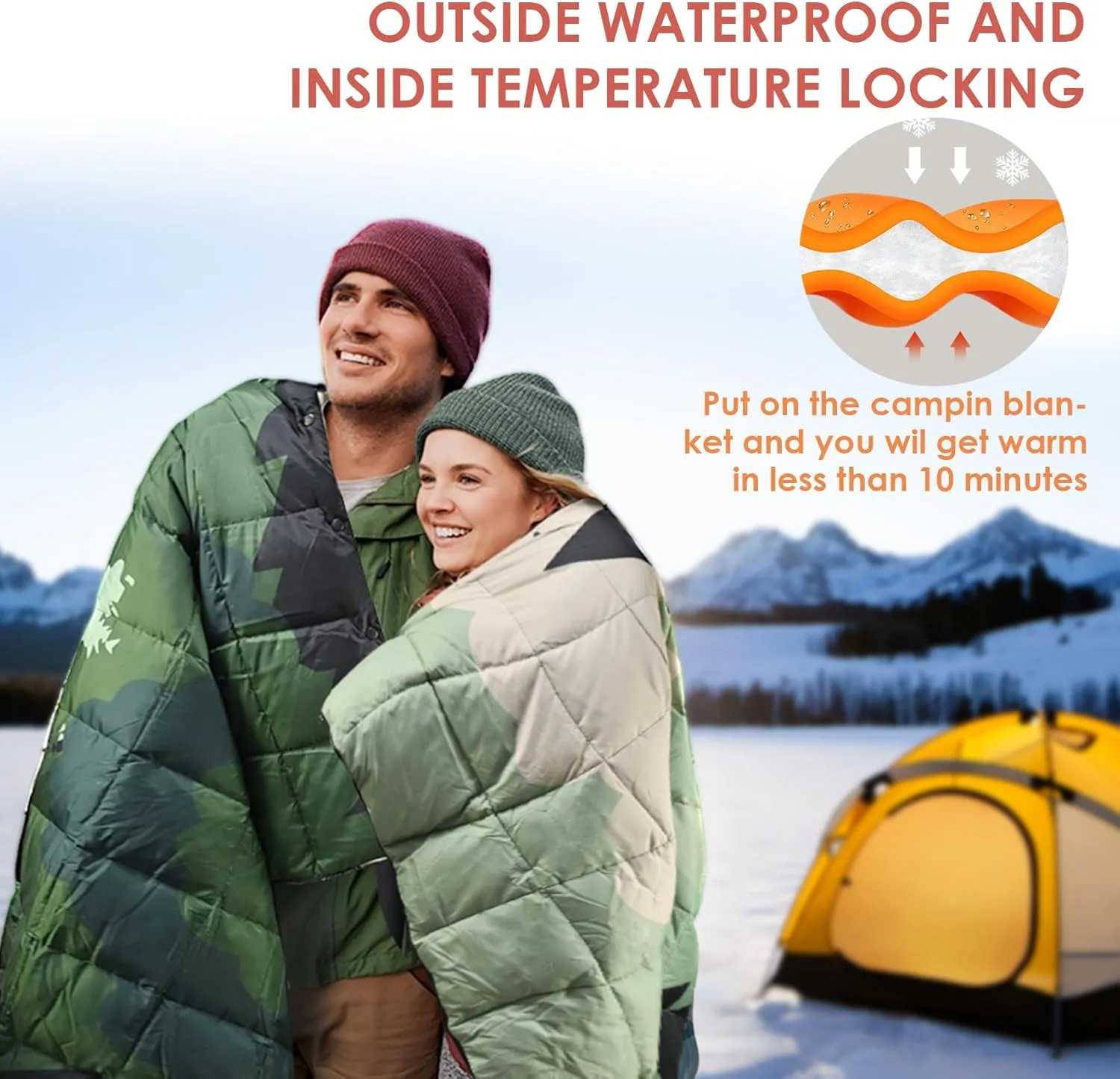 Lightweight Camping Blankets Outdoor Down Alternative Puffy Printed Camping Blanket Waterproof Large Silk Cotton Blanket Packable Warm for Trave Picnic Hiking Camping Cold Weather 78" x 55"