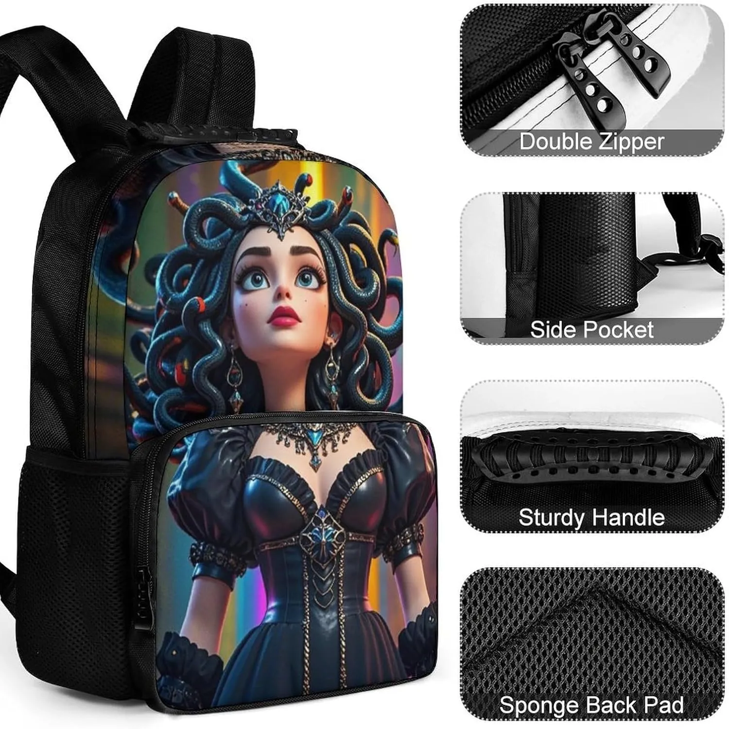 Lightweight Daypack Bookbag for Trekking Business Walking Cycling - Big Capacity Anti-Theft Multipurpose Carry On Bag, Greek Goddess Woman Medusa Women Snake Psychedelic Art Business Computer Bag