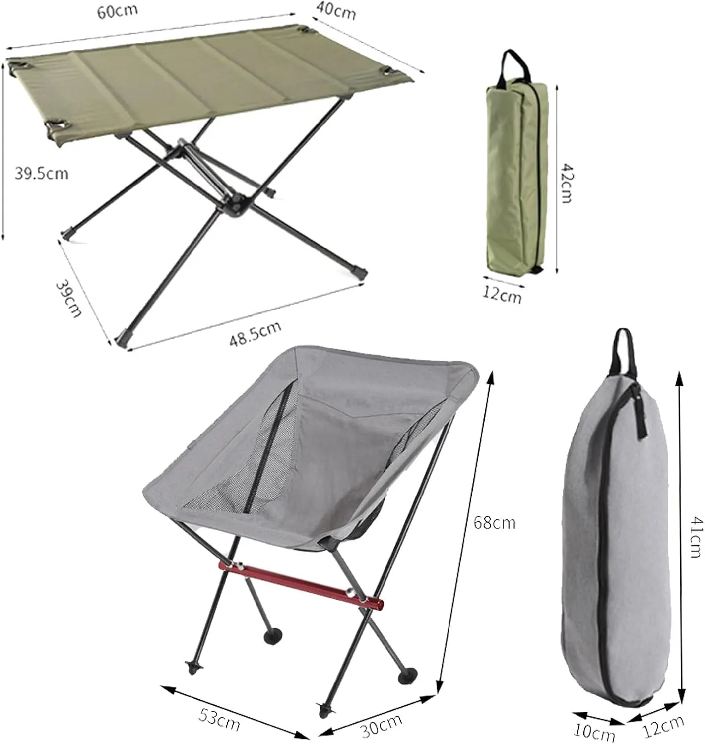 Lightweight Folding Table and Chairs Set of 3, Portable Camping Table Outdoor Beach Chair Set with Carry Bag, Easy to Carry, for Picnic Cooking Hiking Fishing, Black-Black-5PCS, Army Green
