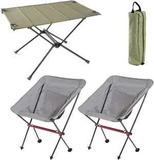 Lightweight Folding Table and Chairs Set of 3, Portable Camping Table Outdoor Beach Chair Set with Carry Bag, Easy to Carry, for Picnic Cooking Hiking Fishing, Black-Black-5PCS, Army Green