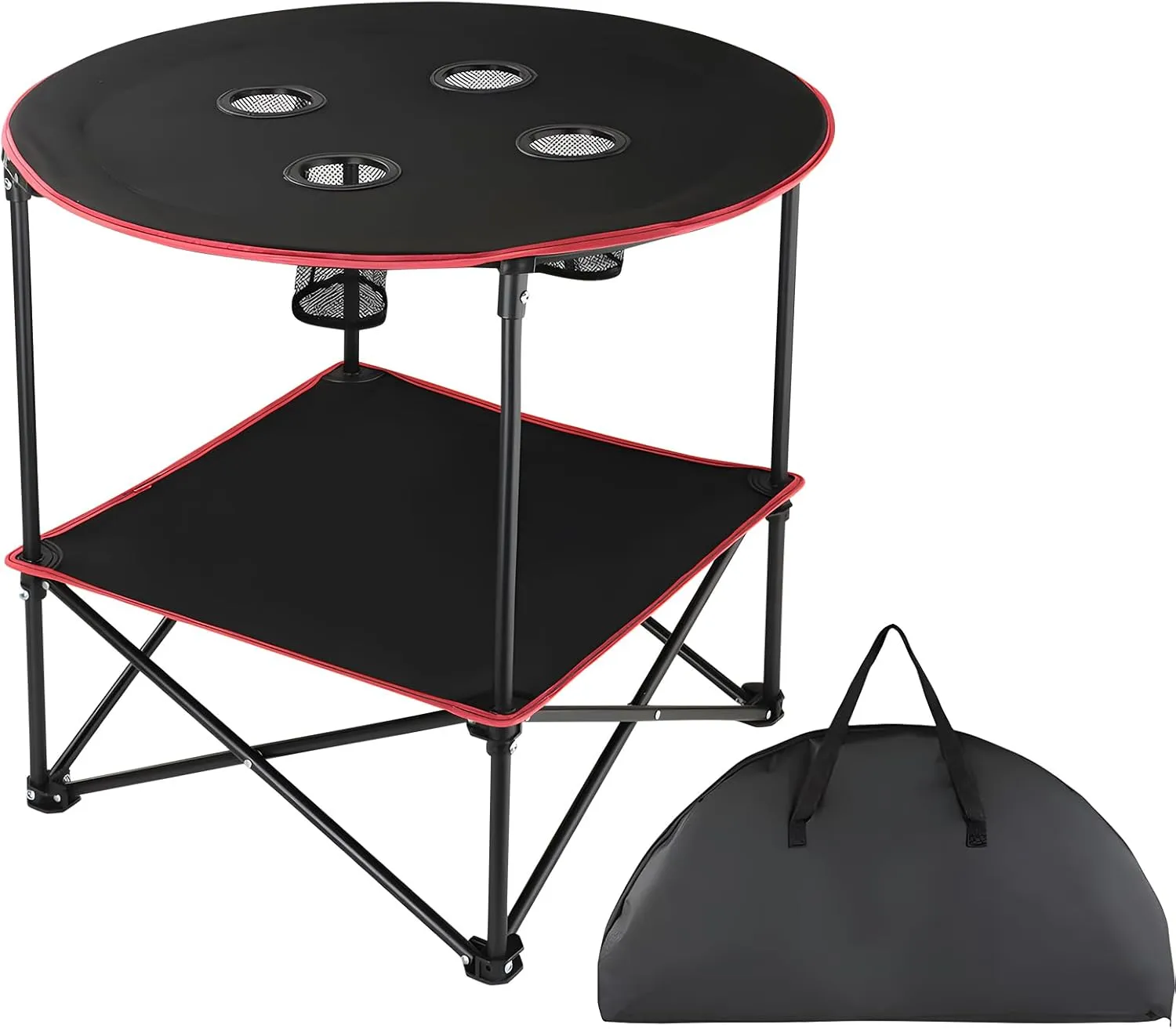 Lightweight Portable Folding Camping Table with 4 Cupholders, 2-Tier Design, Round Camp Table with Carrying Bag - for Camping, Beach, Tailgating, Picnic & Outdoor Events (Red)