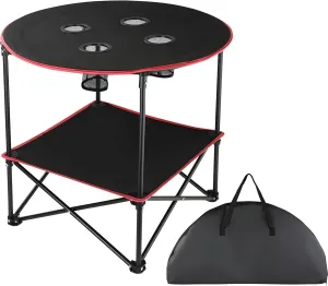 Lightweight Portable Folding Camping Table with 4 Cupholders, 2-Tier Design, Round Camp Table with Carrying Bag - for Camping, Beach, Tailgating, Picnic & Outdoor Events (Red)