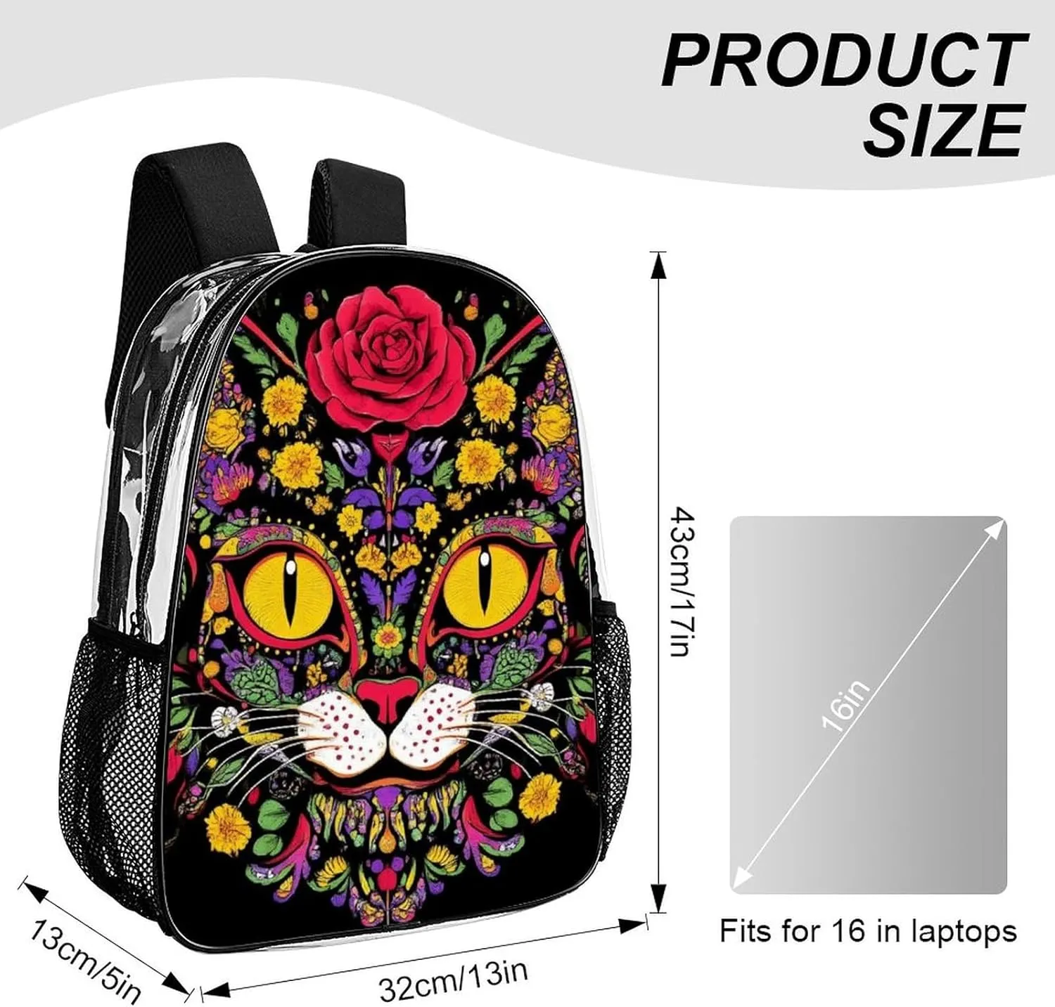 Lightweight Rucksacks for Camping Picnic Cycling - Large Capacity Multipurpose Transparent Carry On Bag, Day Of The Dead Kitty Cat Sugar Skull Travel Hiking & Camping Rucksack