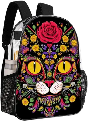 Lightweight Rucksacks for Camping Picnic Cycling - Large Capacity Multipurpose Transparent Carry On Bag, Day Of The Dead Kitty Cat Sugar Skull Travel Hiking & Camping Rucksack
