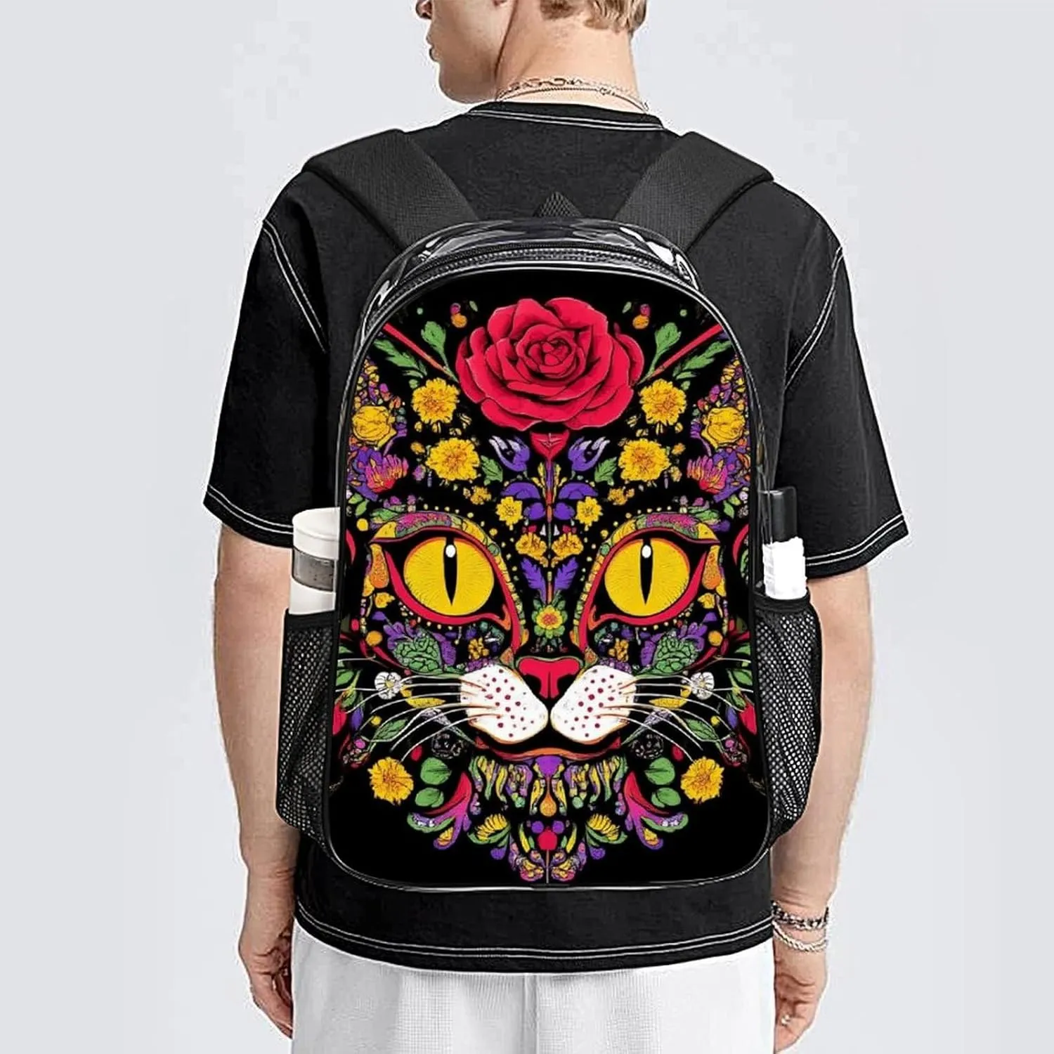 Lightweight Rucksacks for Camping Picnic Cycling - Large Capacity Multipurpose Transparent Carry On Bag, Day Of The Dead Kitty Cat Sugar Skull Travel Hiking & Camping Rucksack