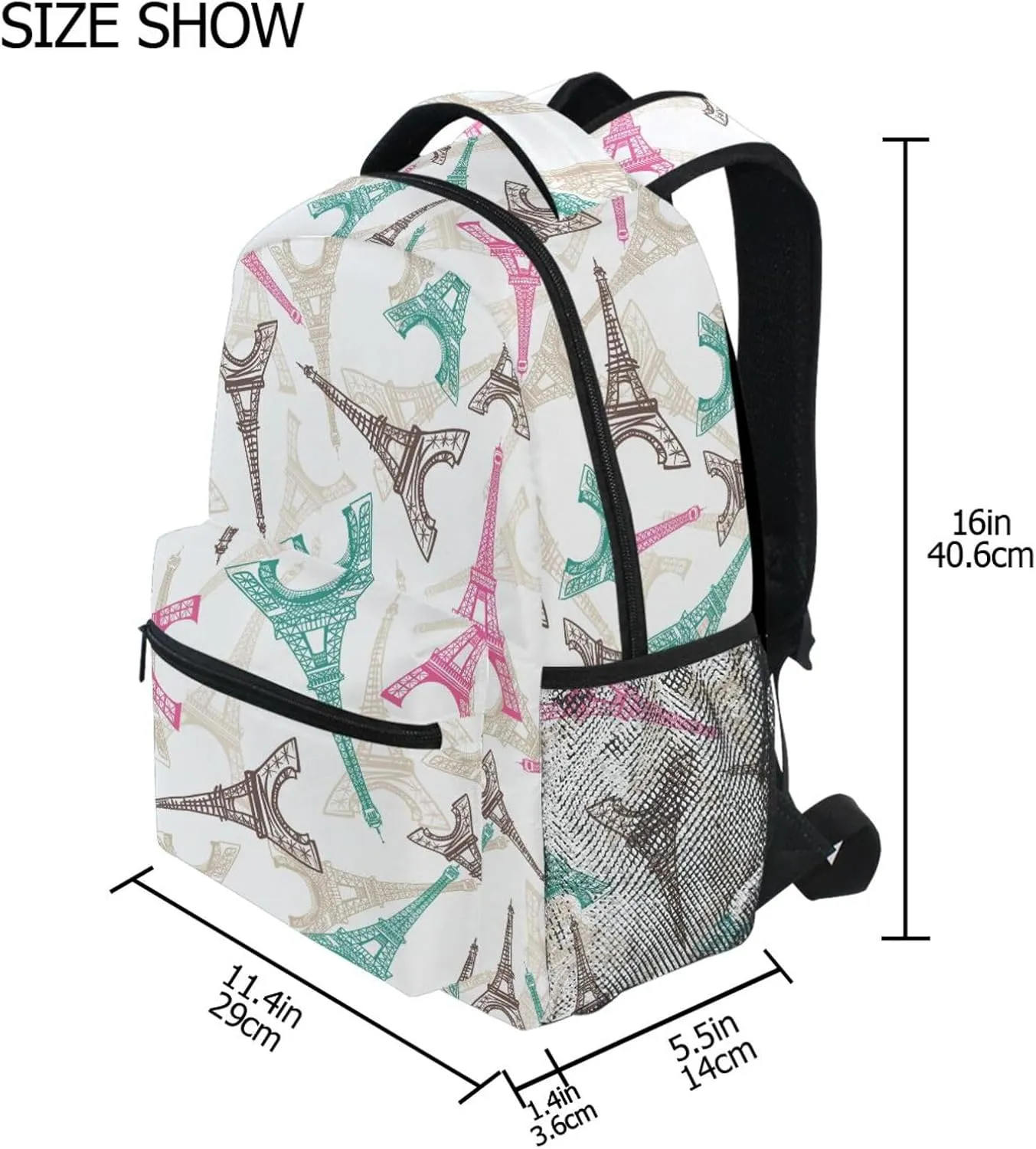 Lightweight Unisex Child Backpack, Eiffel Tower Paris Large Capacity Bookbag with Side Pocket Name Brand Slots, Fits Laptops up to 15.6 Inches for Students Travelers and Outdoor Enthusiasts