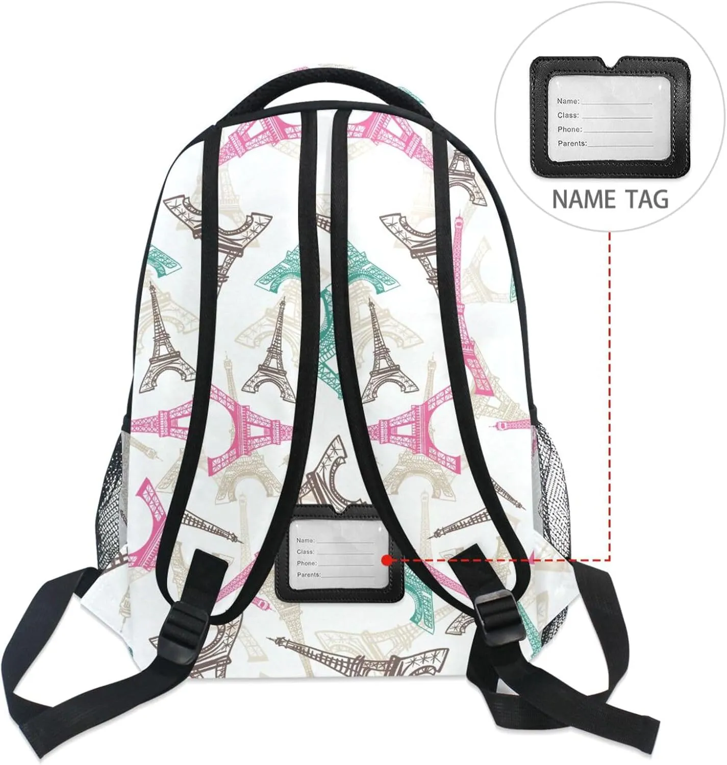 Lightweight Unisex Child Backpack, Eiffel Tower Paris Large Capacity Bookbag with Side Pocket Name Brand Slots, Fits Laptops up to 15.6 Inches for Students Travelers and Outdoor Enthusiasts