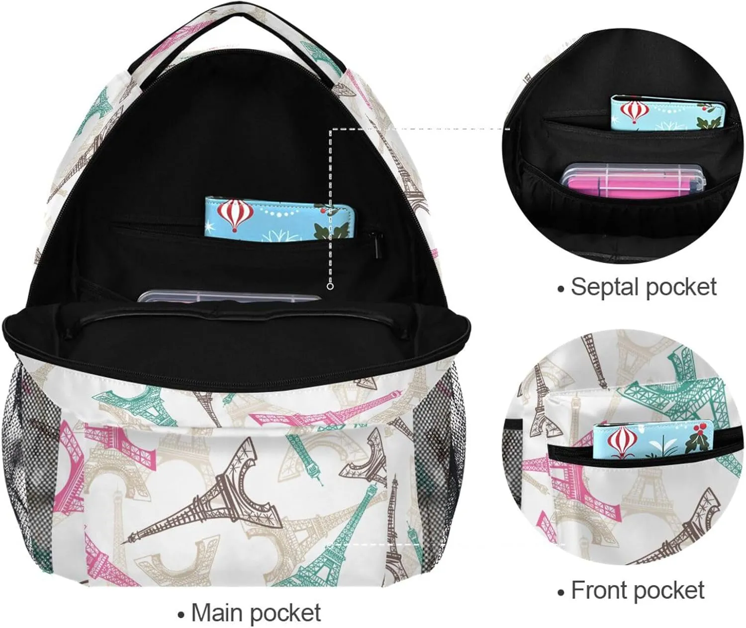 Lightweight Unisex Child Backpack, Eiffel Tower Paris Large Capacity Bookbag with Side Pocket Name Brand Slots, Fits Laptops up to 15.6 Inches for Students Travelers and Outdoor Enthusiasts