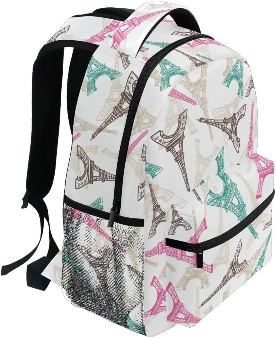 Lightweight Unisex Child Backpack, Eiffel Tower Paris Large Capacity Bookbag with Side Pocket Name Brand Slots, Fits Laptops up to 15.6 Inches for Students Travelers and Outdoor Enthusiasts