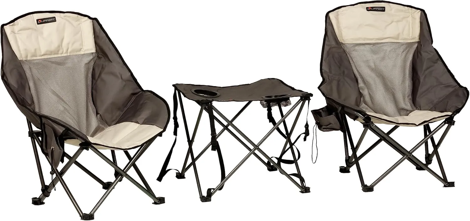 Lippert Baja Overlanding 3-Piece Chair & Table Set, 600-Denier Polyester Folding Chairs, Dual Cupholders, Innovative Scoop for Ultimate Comfort, Fold-up Convenience - 2022114831