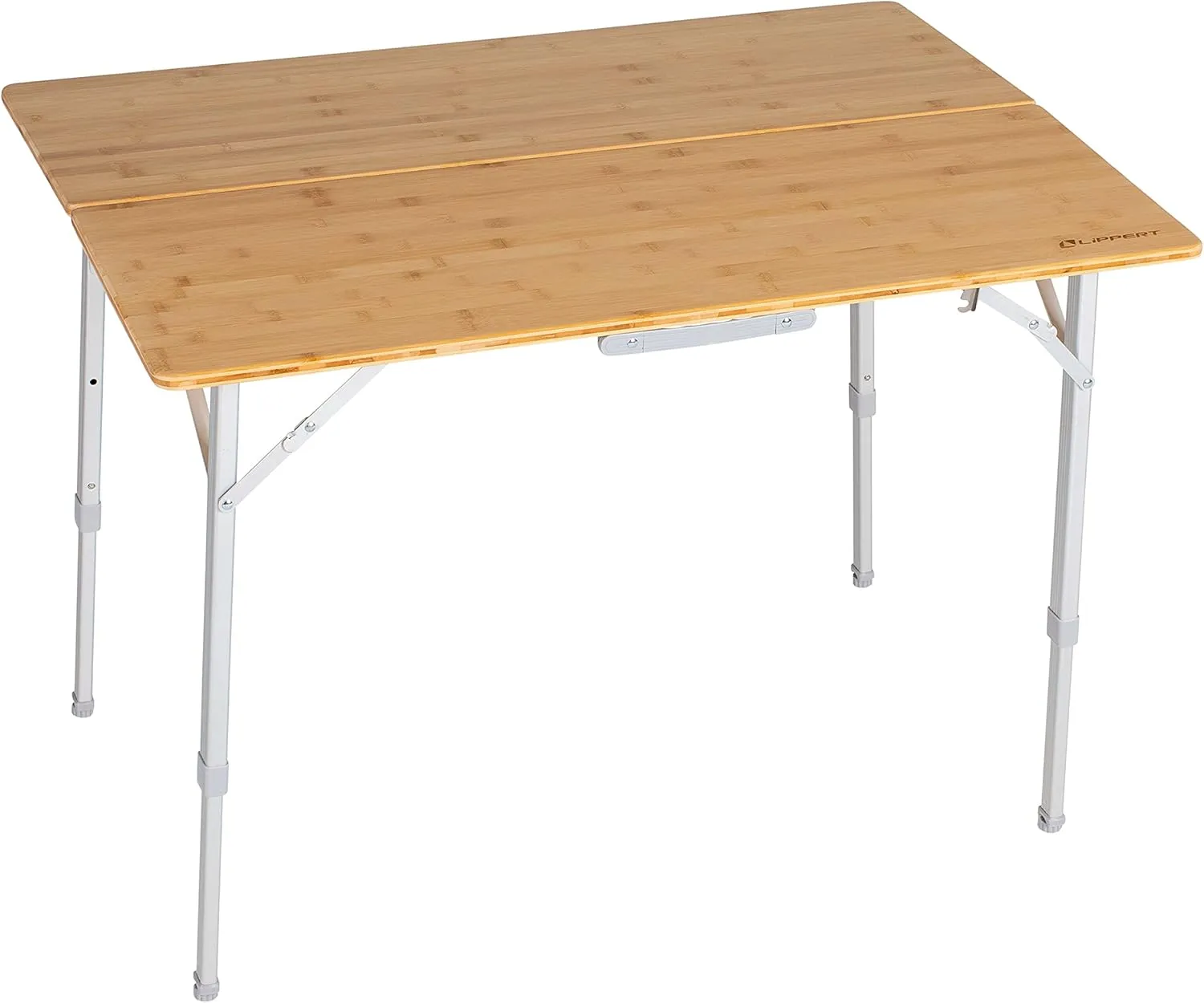 Lippert Bi-Fold Bamboo Adjustable Camp Table, 39-1/2" x 28-1/2" x 27-1/2" Tabletop, Smooth Wood Top, Adjusting Legs, 19 lbs. Portable Camping Surface - 2021011322, Brown