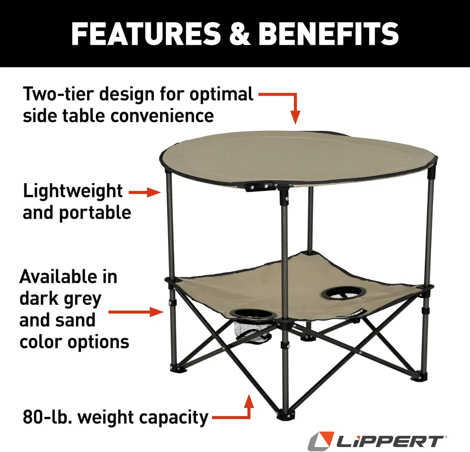 Lippert Sand Two-Tier Folding Camping Table with Dual Cupholders, 600D Polyester Fabric, Powder-Coated Steel Frame, Foldable Design, Lightweight Construction, Zippered Carry Bag - 2023053721