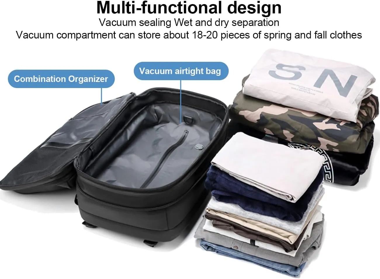 Litex Vacpack Backpack, Vac Pack Backpack, Expandable Backpack With Vacuum Compression, Anti Theft Travel Backpack (Gray)