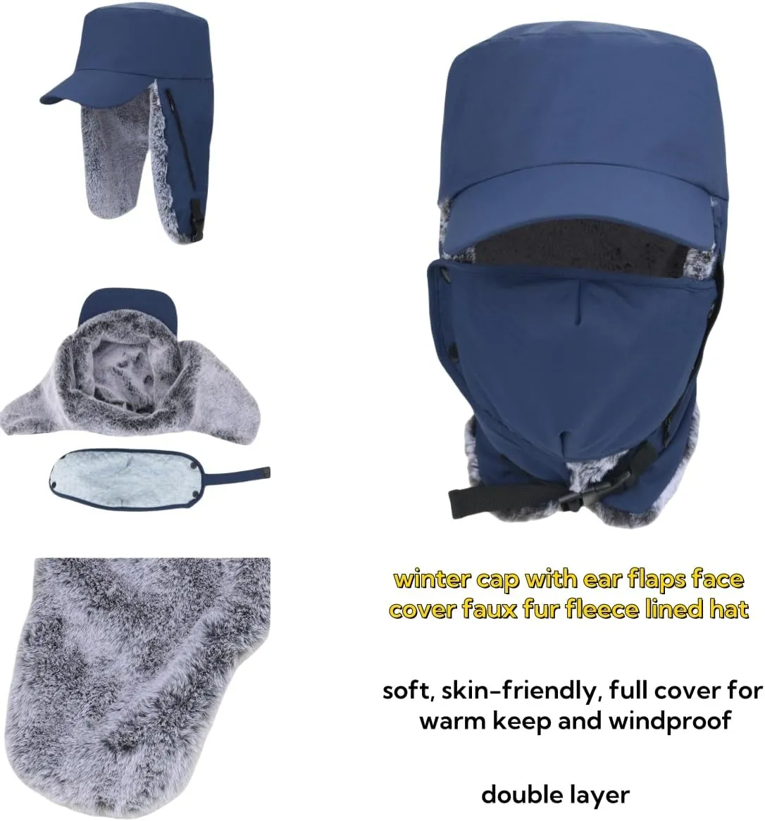 LLmoway Trapper Hat Warm Faux Fur Winter Cap with Ear Flaps Windproof Waterproof Snow Ski Hats for Men Women Cold Weather