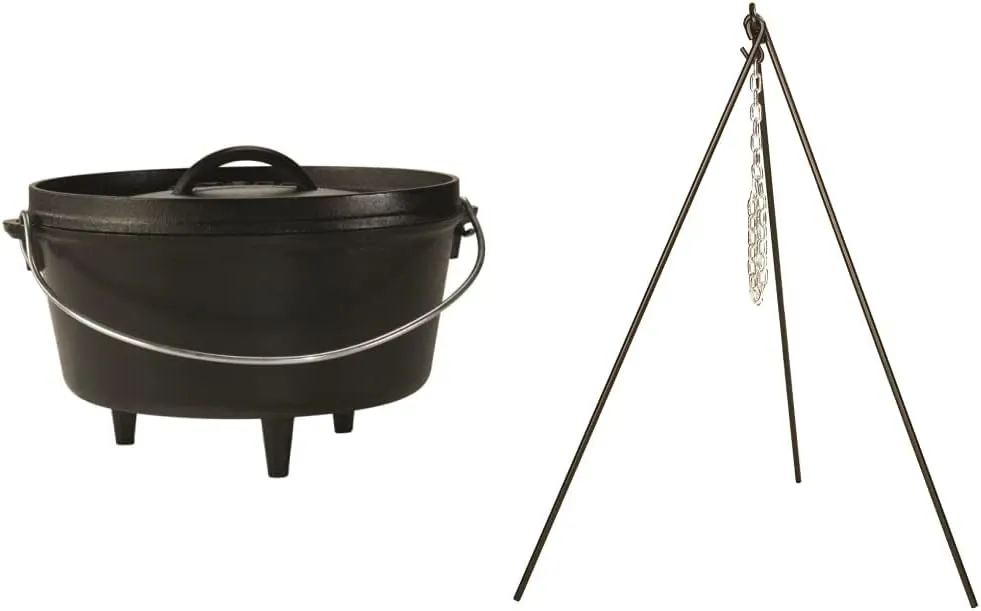 Lodge L10DCO3 Cast Iron Deep Camp Dutch Oven (5-Quart) and Lodge 3TP2 Camp Dutch Oven Tripod (43.5-Inch, Black)
