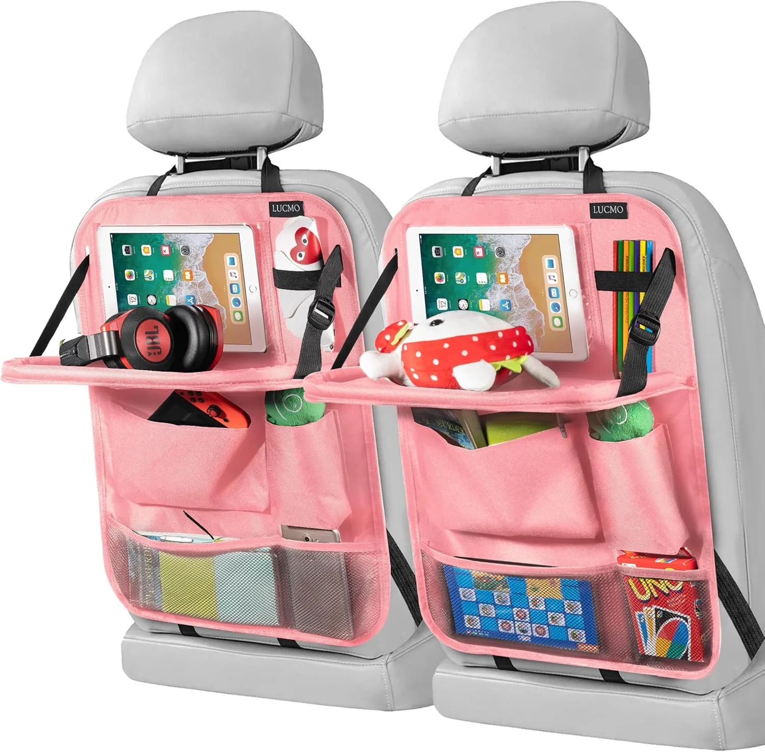 LUCMO Car Backseat Organizer with Tablet Holder-2 Pcs,6 Storage Pockets Car Storage Organizer with Foldable Food Tray,Protectors Kick Mats Travel Accessories-Pink