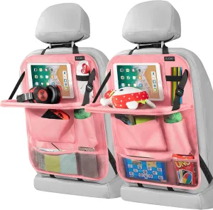 LUCMO Car Backseat Organizer with Tablet Holder-2 Pcs,6 Storage Pockets Car Storage Organizer with Foldable Food Tray,Protectors Kick Mats Travel Accessories-Pink