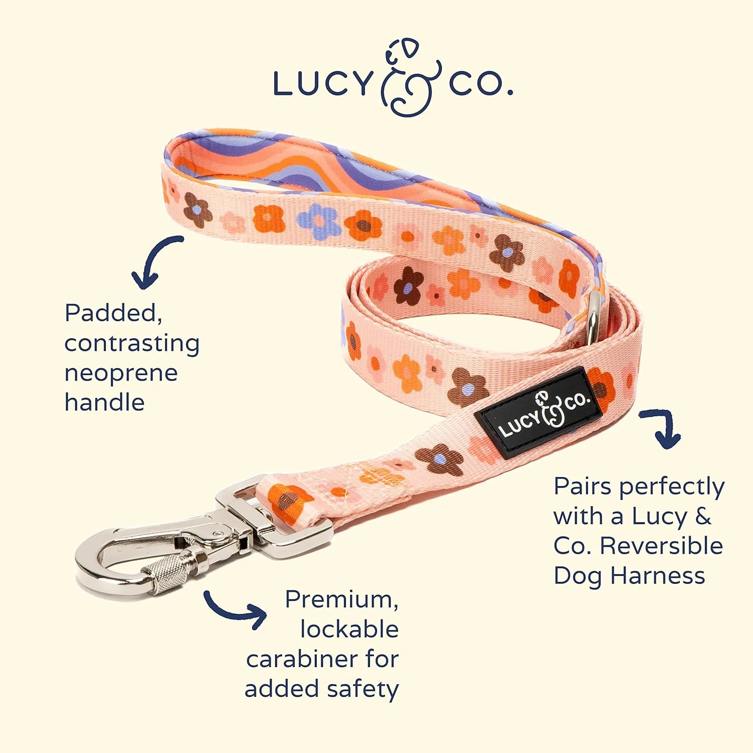 Lucy & Co. Designer Dog Leash - Pet Accessories - Thick Dog Leash - Padded Handle for Comfort - Purple with Green Floral - 5 Foot (Purple Coral Floral, Large)