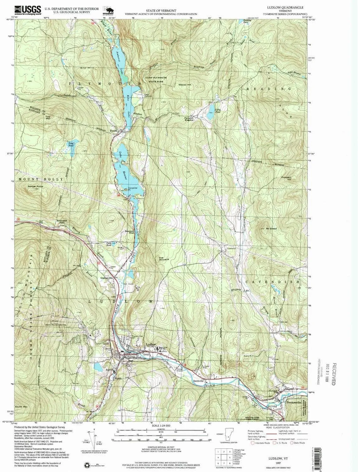 Ludlow VT topo map, 1:24000 Scale, 7.5 X 7.5 Minute, Historical, 1997, Updated 1999, 26.7 x 22 in