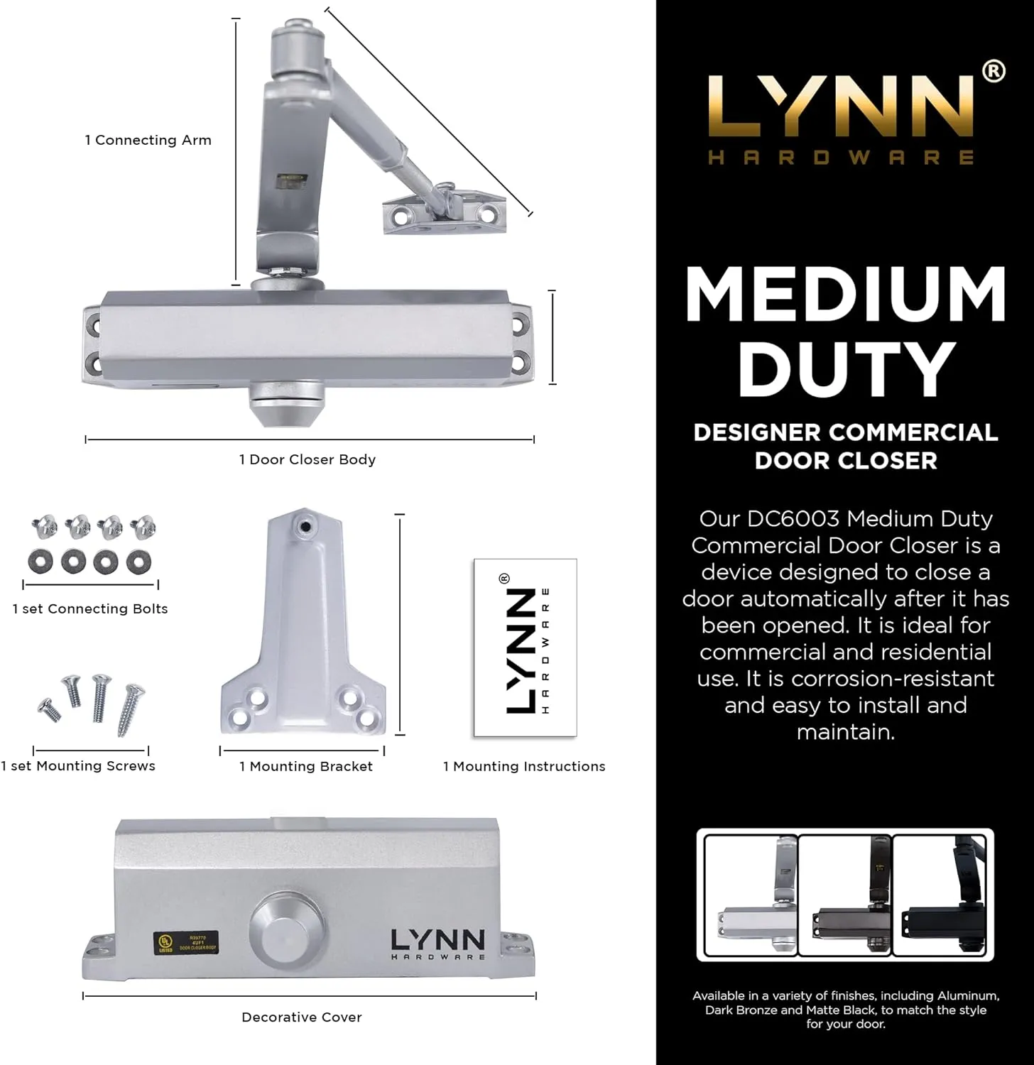 LYNN HARDWARE Medium Duty Commercial Door Closer - DC6003 Automatic Door Closer, Surface-Mounted Auto Door Closer, Size 3 Automatic Door Closer for Home & Light Commercial Property, Dark Bronze