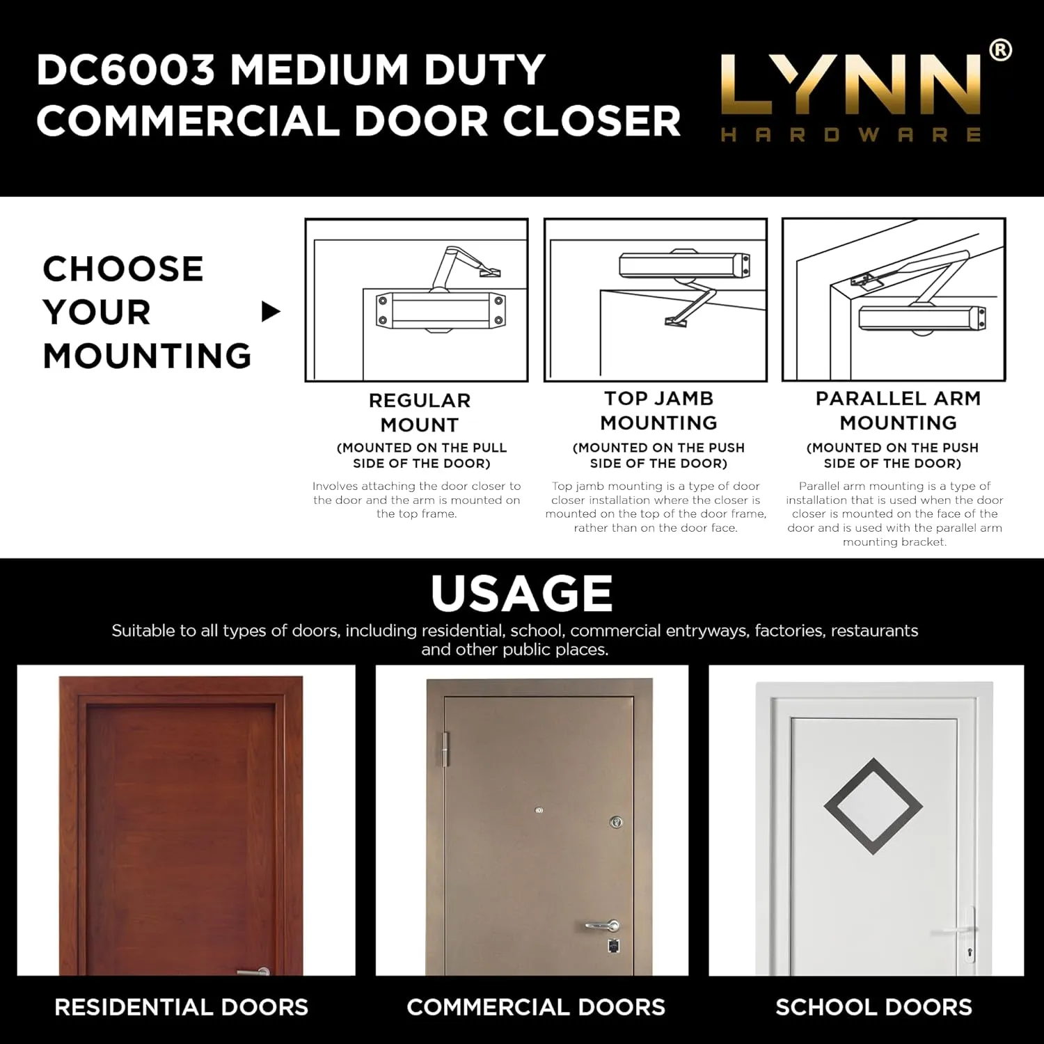 LYNN HARDWARE Medium Duty Commercial Door Closer - DC6003 Automatic Door Closer, Surface-Mounted Auto Door Closer, Size 3 Automatic Door Closer for Home & Light Commercial Property, Dark Bronze