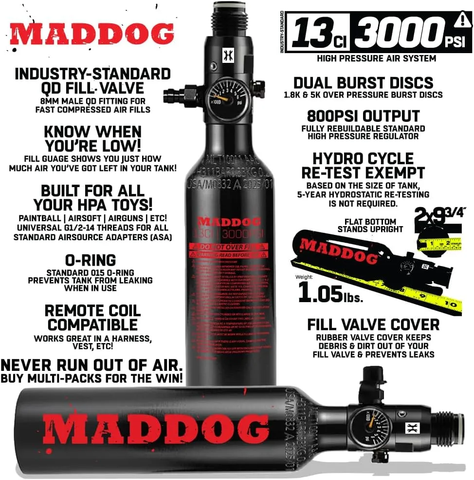 Maddog 13ci/3000psi Aluminum Compressed Air HPA Paintball Tank with Regulator