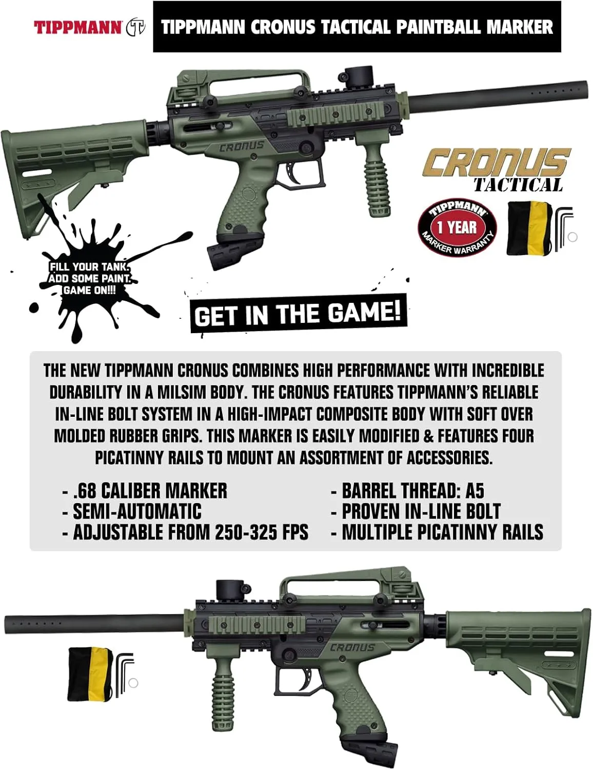 Maddog Tippmann Cronus Tactical Protective Paintball Gun Marker Starter Package
