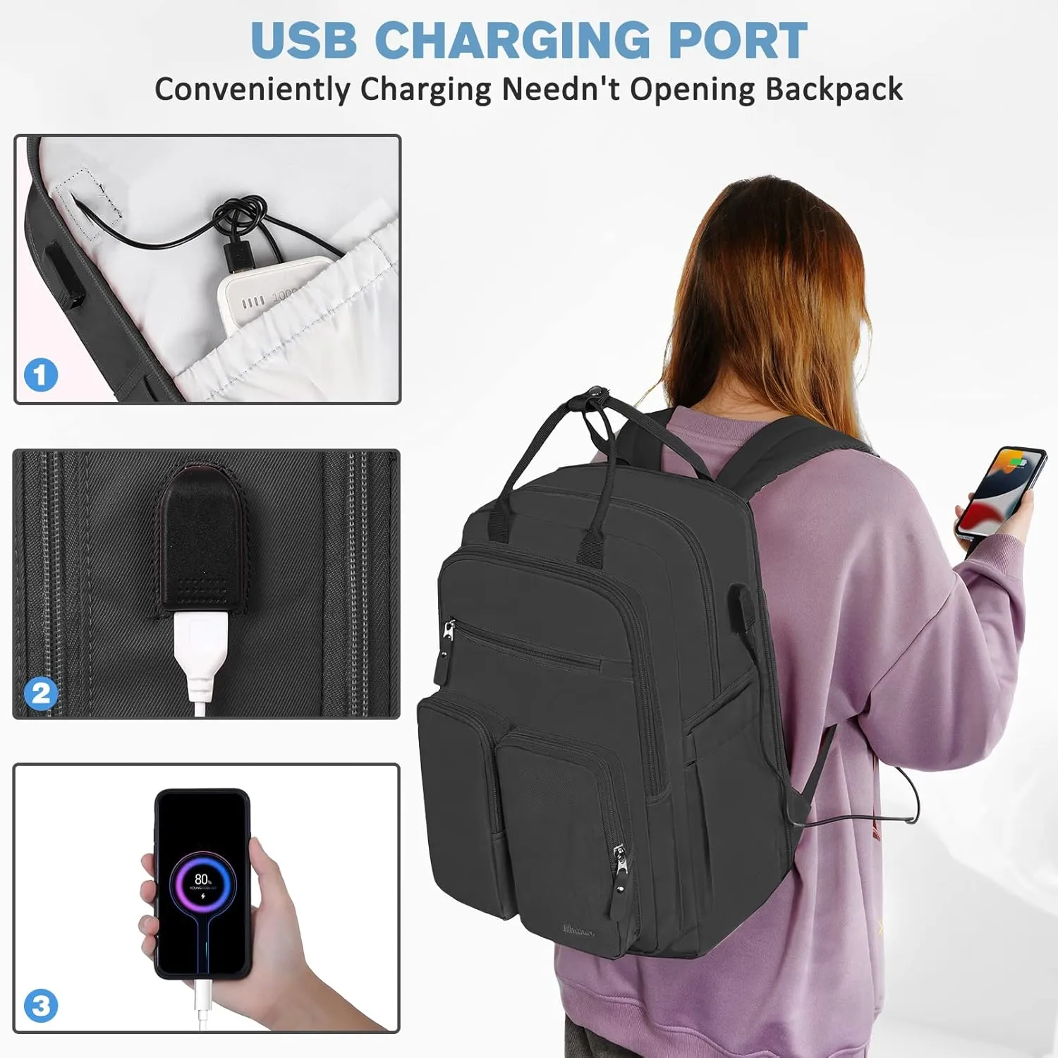 Mancro Travel Backpack for Women with TSA Laptop Compartment, 15.6 Inch Laptop Backpack with USB Charging Port and Dry-Wet Pocket, Fashion Computer Backpack for Women, Black