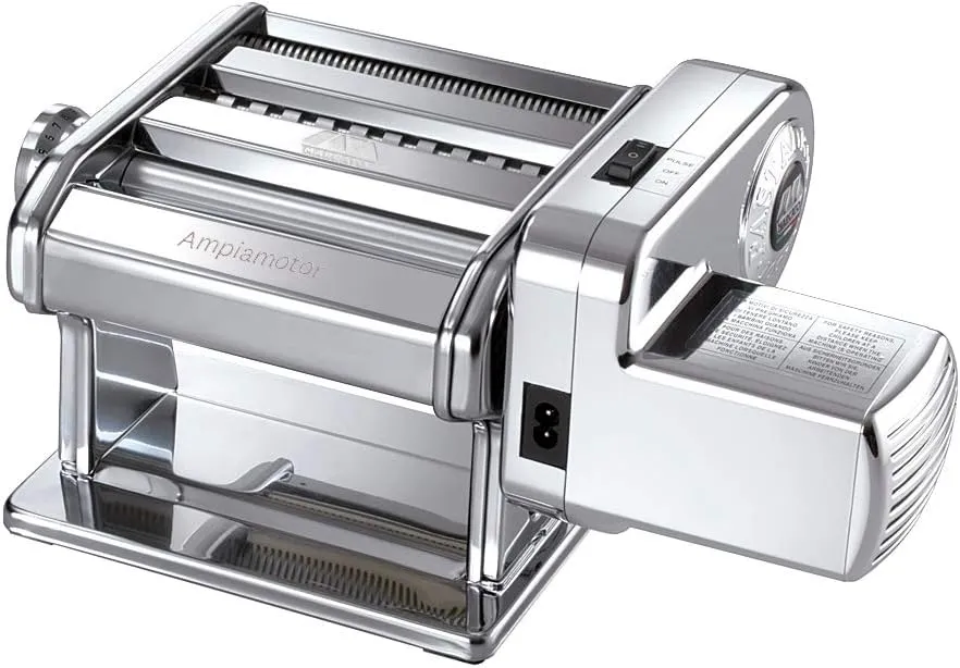 MARCATO Made in Italy Ampiamotor 110V Pasta Machine, Chrome Steel. Set includes Ampia 150, handcrank, clamp, Pastadrive motor, and instruction manual.