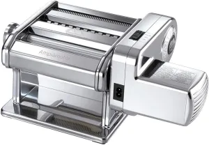 MARCATO Made in Italy Ampiamotor 110V Pasta Machine, Chrome Steel. Set includes Ampia 150, handcrank, clamp, Pastadrive motor, and instruction manual.