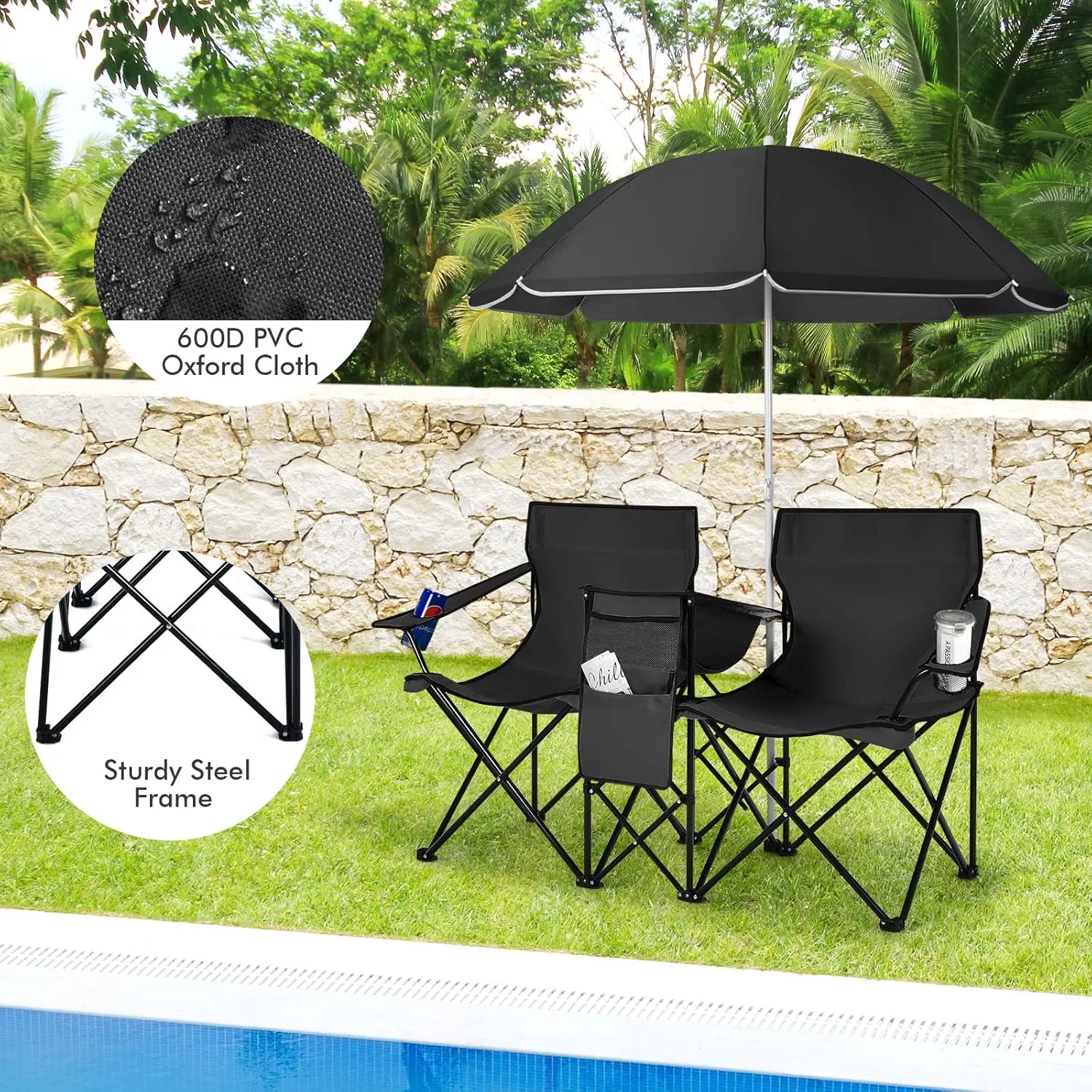 MAT EXPERT Folding Double Camp Chair w/Removable Umbrella, Portable Picnic Chair w/Mini Table, Chair Set w/Beverage Holder, Portable Loveseat Camp Chairs for Beach, Backyard, Poolside (Black)