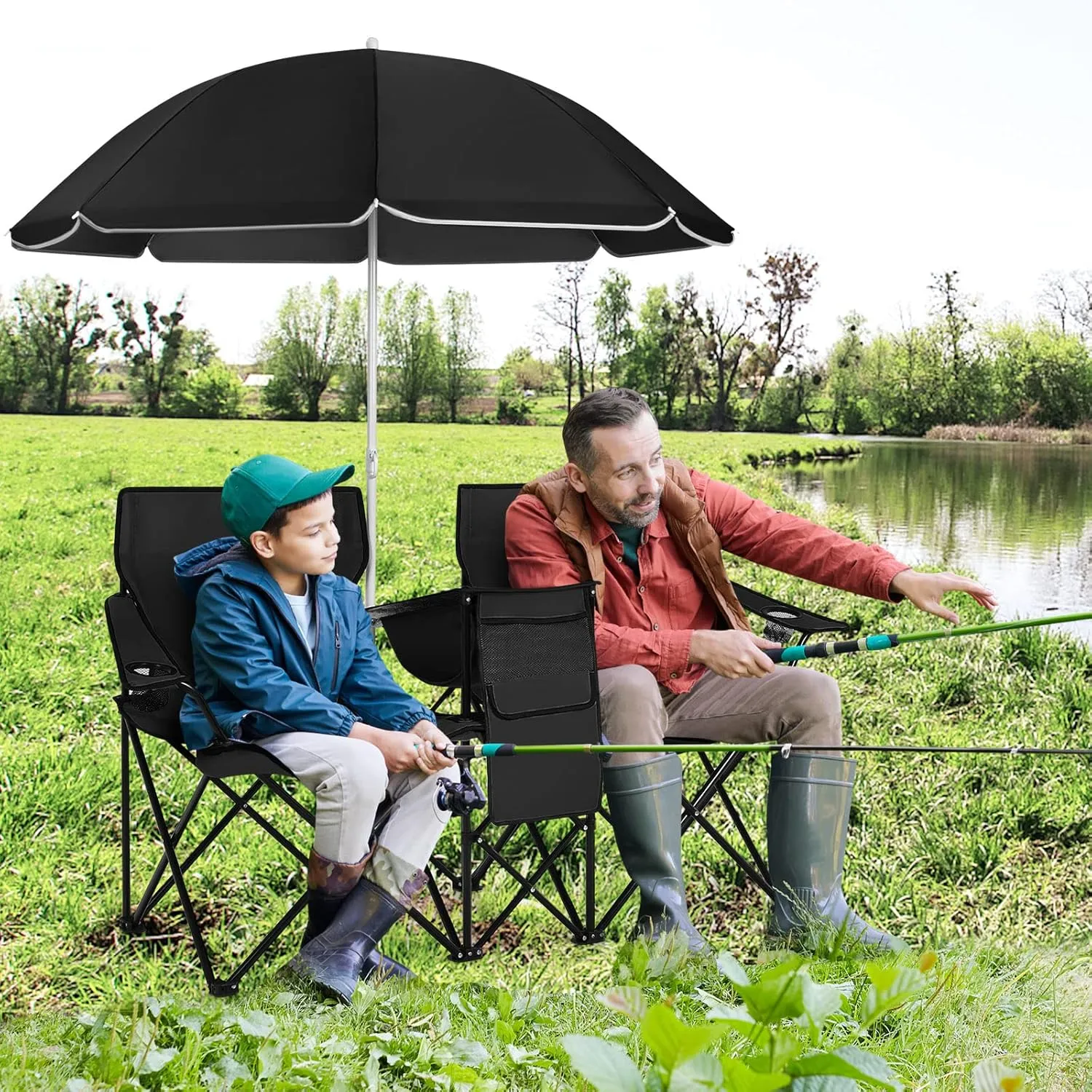 MAT EXPERT Folding Double Camp Chair w/Removable Umbrella, Portable Picnic Chair w/Mini Table, Chair Set w/Beverage Holder, Portable Loveseat Camp Chairs for Beach, Backyard, Poolside (Black)