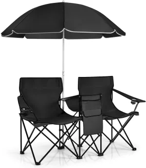 MAT EXPERT Folding Double Camp Chair w/Removable Umbrella, Portable Picnic Chair w/Mini Table, Chair Set w/Beverage Holder, Portable Loveseat Camp Chairs for Beach, Backyard, Poolside (Black)