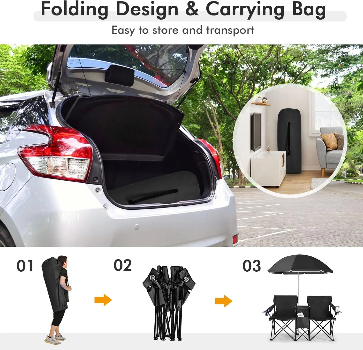 MAT EXPERT Folding Double Camp Chair w/Removable Umbrella, Portable Picnic Chair w/Mini Table, Chair Set w/Beverage Holder, Portable Loveseat Camp Chairs for Beach, Backyard, Poolside (Black)
