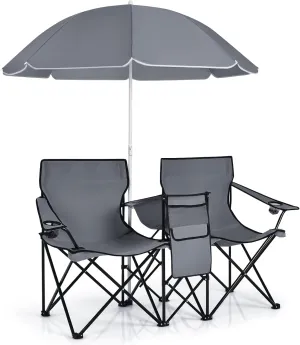 MAT EXPERT Folding Double Camp Chair w/Removable Umbrella, Portable Picnic Chair w/Mini Table, Chair Set w/Beverage Holder, Portable Loveseat Camp Chairs for Beach, Backyard, Poolside (Gray)