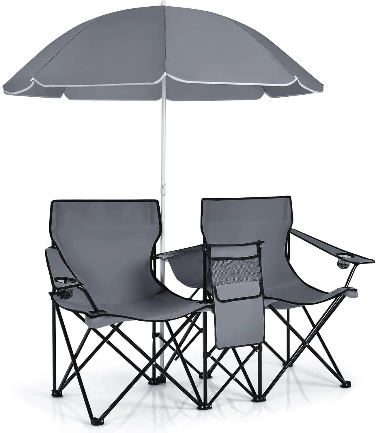 MAT EXPERT Folding Double Camp Chair w/Removable Umbrella, Portable Picnic Chair w/Mini Table, Chair Set w/Beverage Holder, Portable Loveseat Camp Chairs for Beach, Backyard, Poolside (Gray)