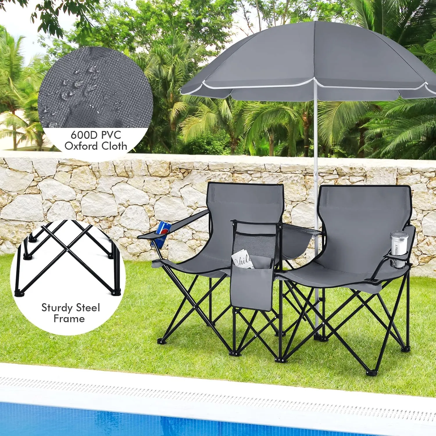 MAT EXPERT Folding Double Camp Chair w/Removable Umbrella, Portable Picnic Chair w/Mini Table, Chair Set w/Beverage Holder, Portable Loveseat Camp Chairs for Beach, Backyard, Poolside (Gray)