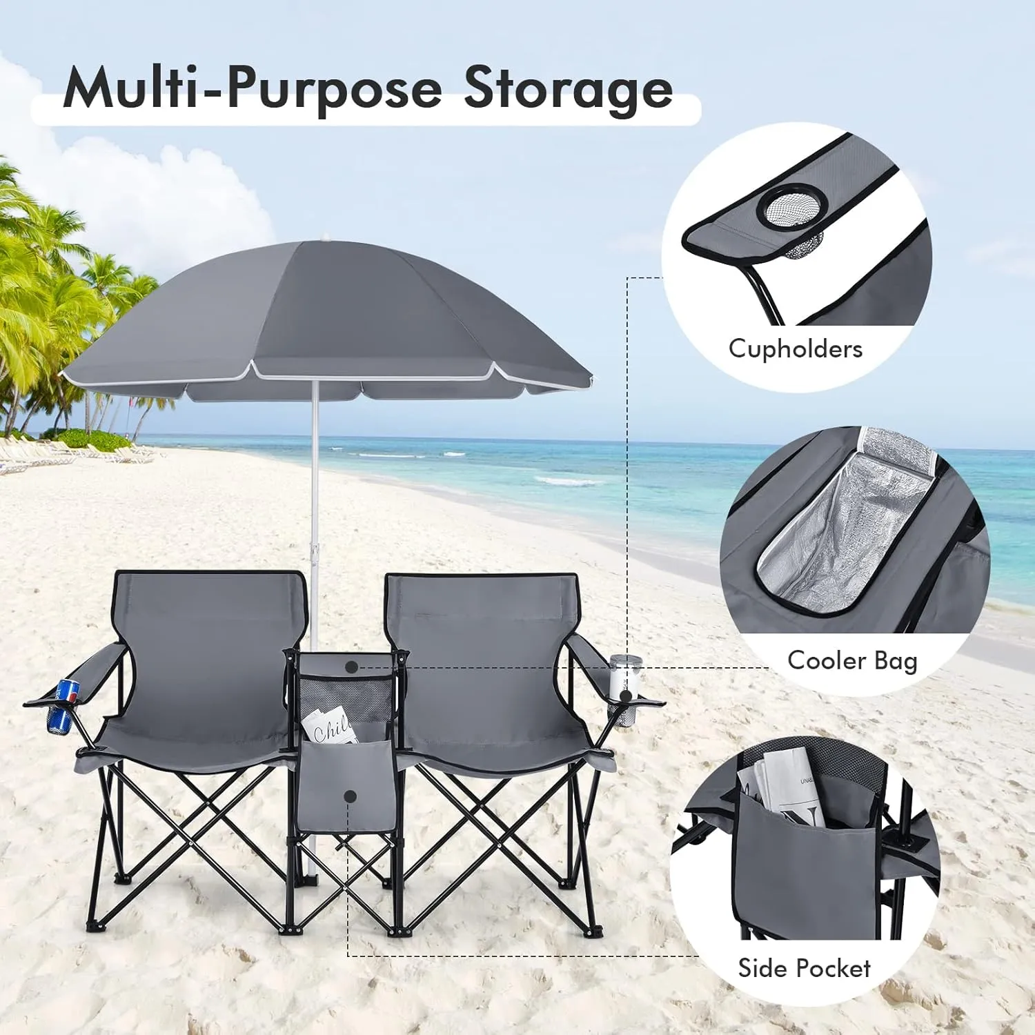 MAT EXPERT Folding Double Camp Chair w/Removable Umbrella, Portable Picnic Chair w/Mini Table, Chair Set w/Beverage Holder, Portable Loveseat Camp Chairs for Beach, Backyard, Poolside (Gray)